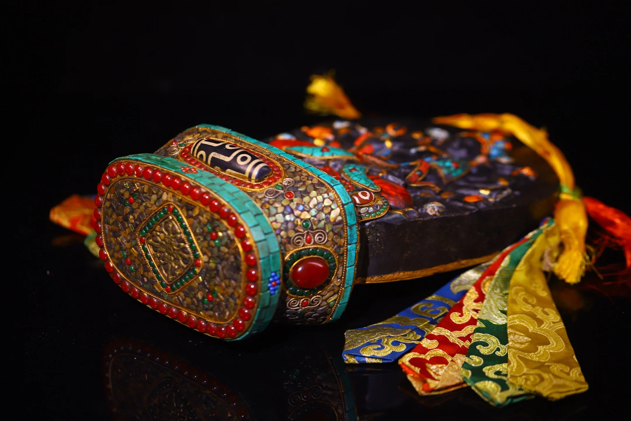 Old Meteorite Painted Mosaic Gem gZi Beads Turquoise 1000 arm  Guanyin Cundhi Bodhisattva Buddha Plaque Buddhist Niche Base