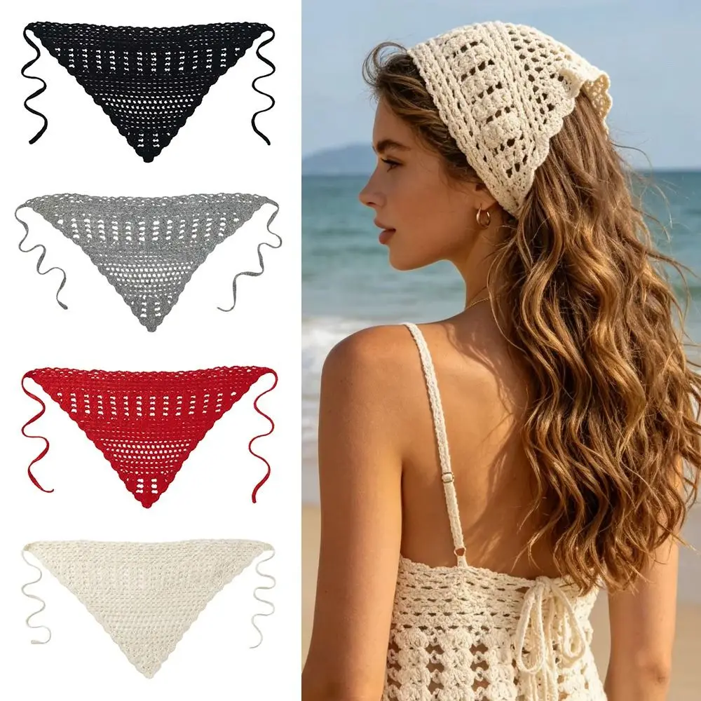 Sweet Hollow Out Knitted Headband Soft Handmade Hair Scarf Solid Color Crochet Headwrap Women