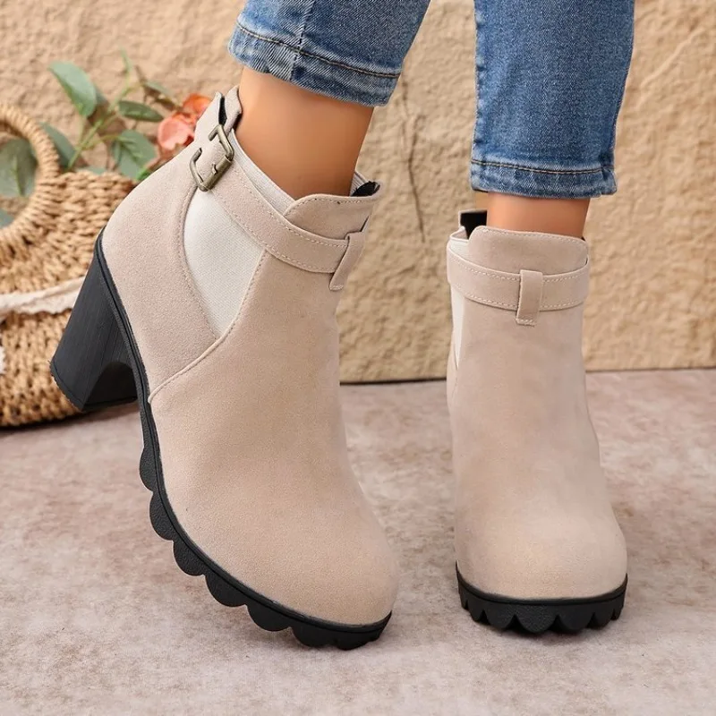 Women's Ankle Boots Round Toe Mid Block Heel Suede-Look Upper Buckle Strap Side Gore Casual Daily Outdoor Walking Footwear Shoes