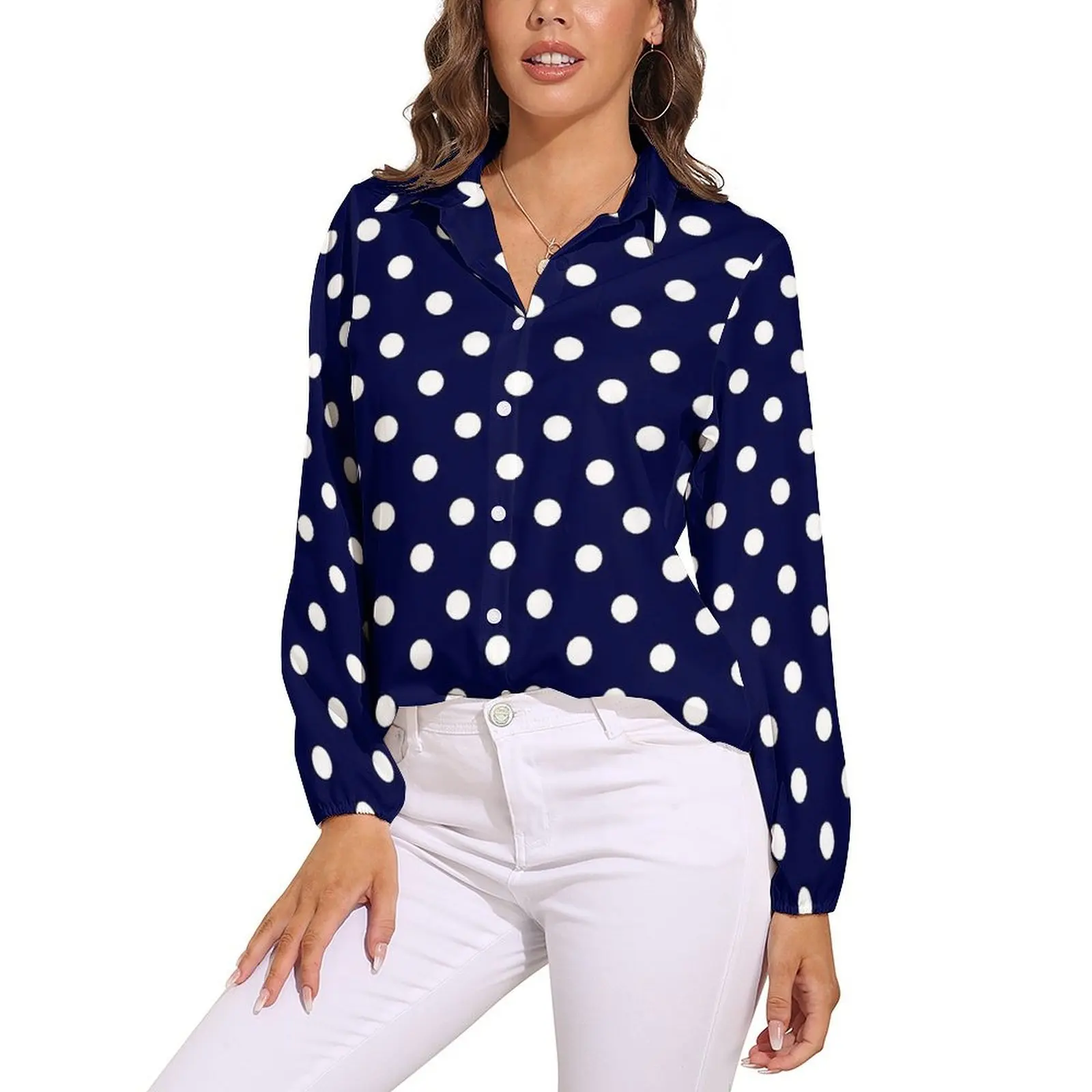 Classic Polka Dots Blouse Womens Blue And White Street Wear Loose Blouses Long Sleeve Funny Shirts Custom Clothes Large Size