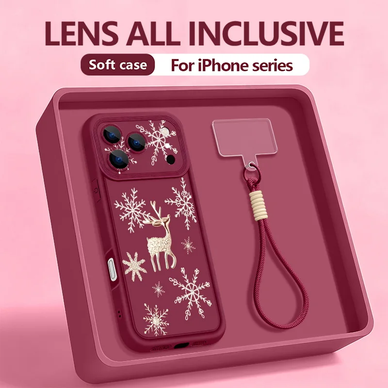 Weihnachten Elch Schneeflocke Lanyard Telefon Fall für iPhone 17 Pro 16 17 14 15 Pro Max 12 13 Pro Max Air 16e 11 weiche Handgelenk Strap Abdeckung