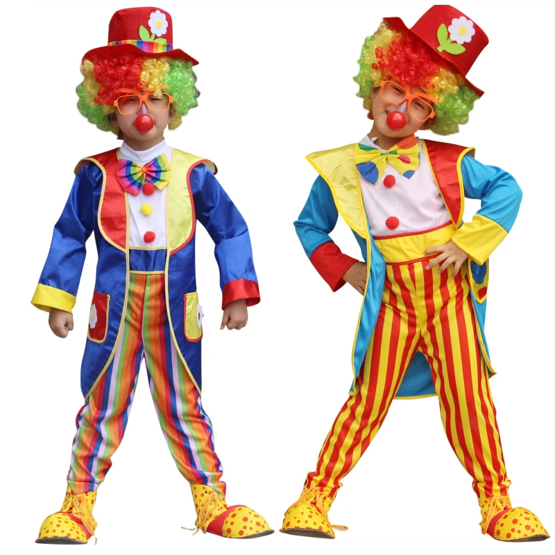 

2023 Kids Clown Jumpsuit Hat Sets Children Circus Clown High Quality Costume Purim Halloween Carnival Cosplay for Boys