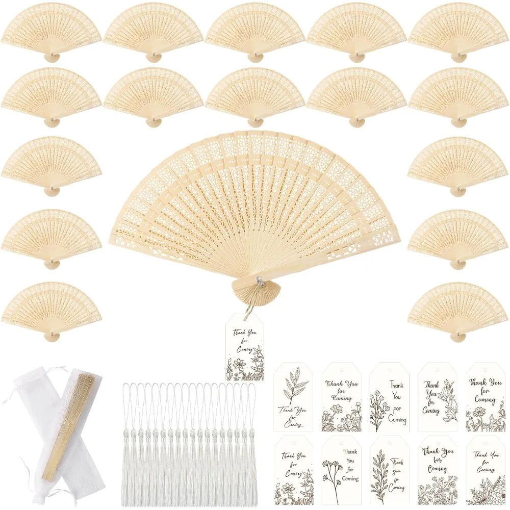 100 Set Folding Hand Fans, Sandalwood Hollow Carved Handheld Fans with Thank You Cards, Tassels & Gift Bags for Wedding Guests