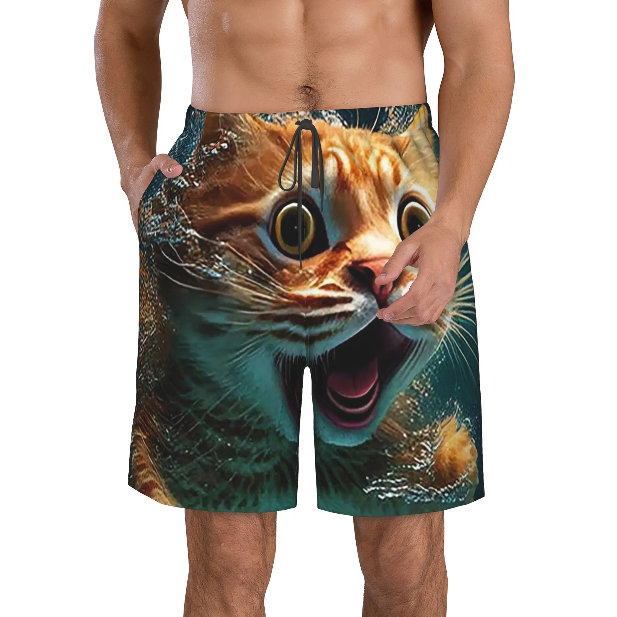Orange Cat Swimming In The Water Trunks Beach Board Shorts Casual Quick Dry Swim Summer Men Pants