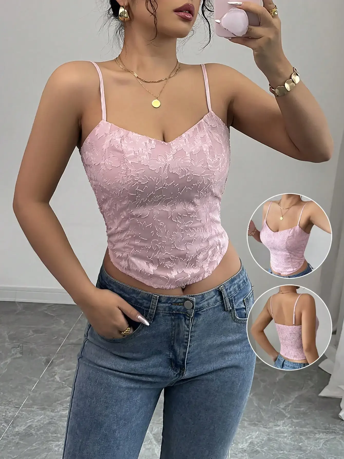 Nice Elegant Pink Suspender Backless Mesh Jacquard Slim Spring And Summer Women's Vest