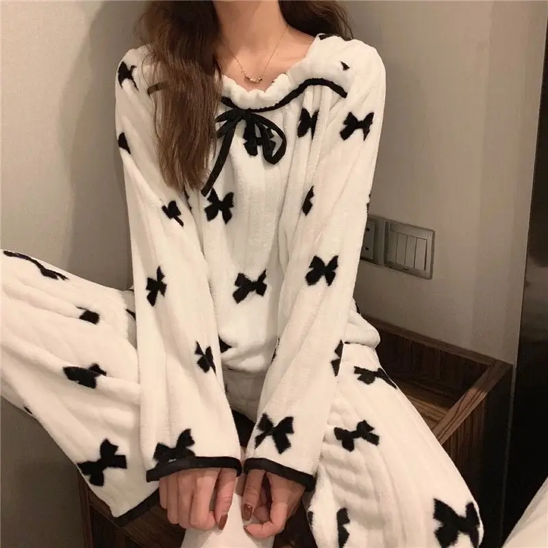 Fleece Sleepwear Women Pajama Sets Winter Warm Piiama Solid Pants Sets for Women 2 Pieces Night Wears Square Collar Home Suit