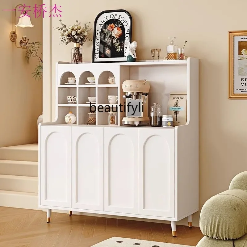 French Light Luxury Cream White Home Entrance Cabinet Modern Simple Arched Door Roman Column Solid Wood Side Cabinet Furniture