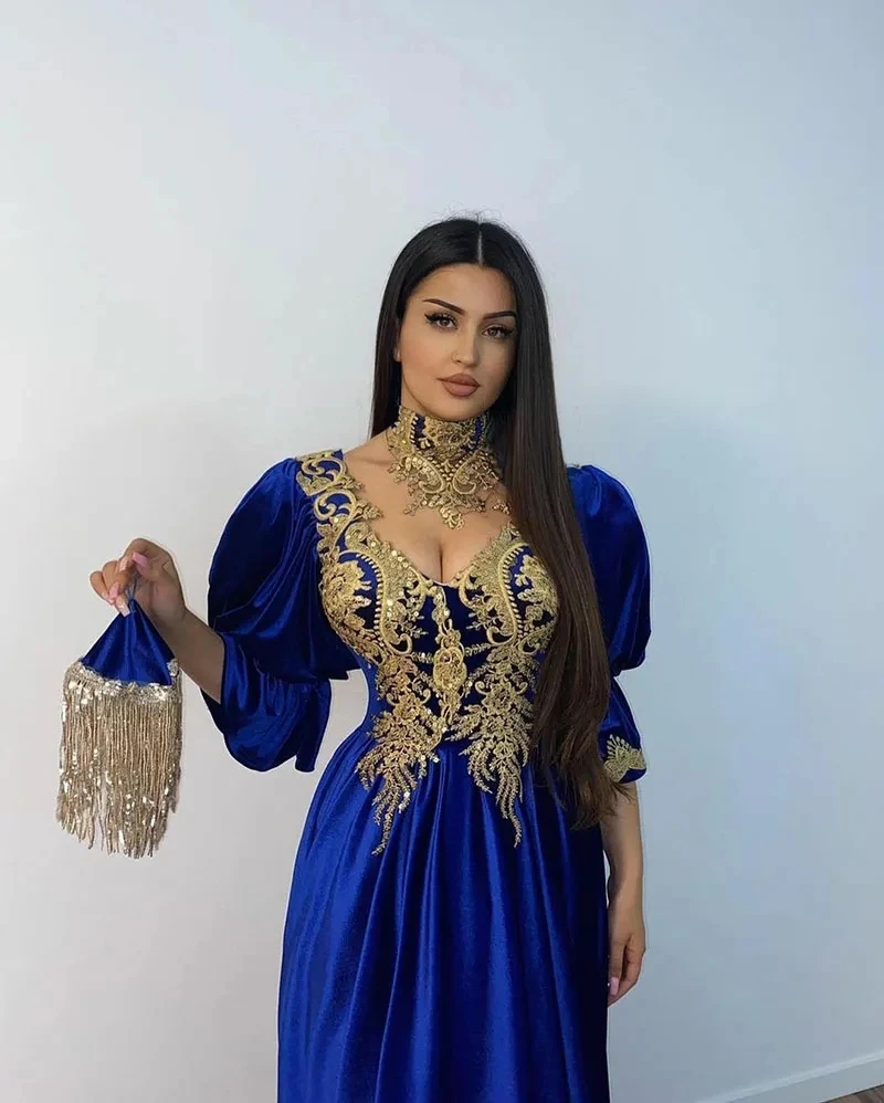 Royal Blue Moroccan Caftan Formal Evening Dresses A-line 3/4 Sleeves Appliques Prom Dresses Arabic Party Dresses