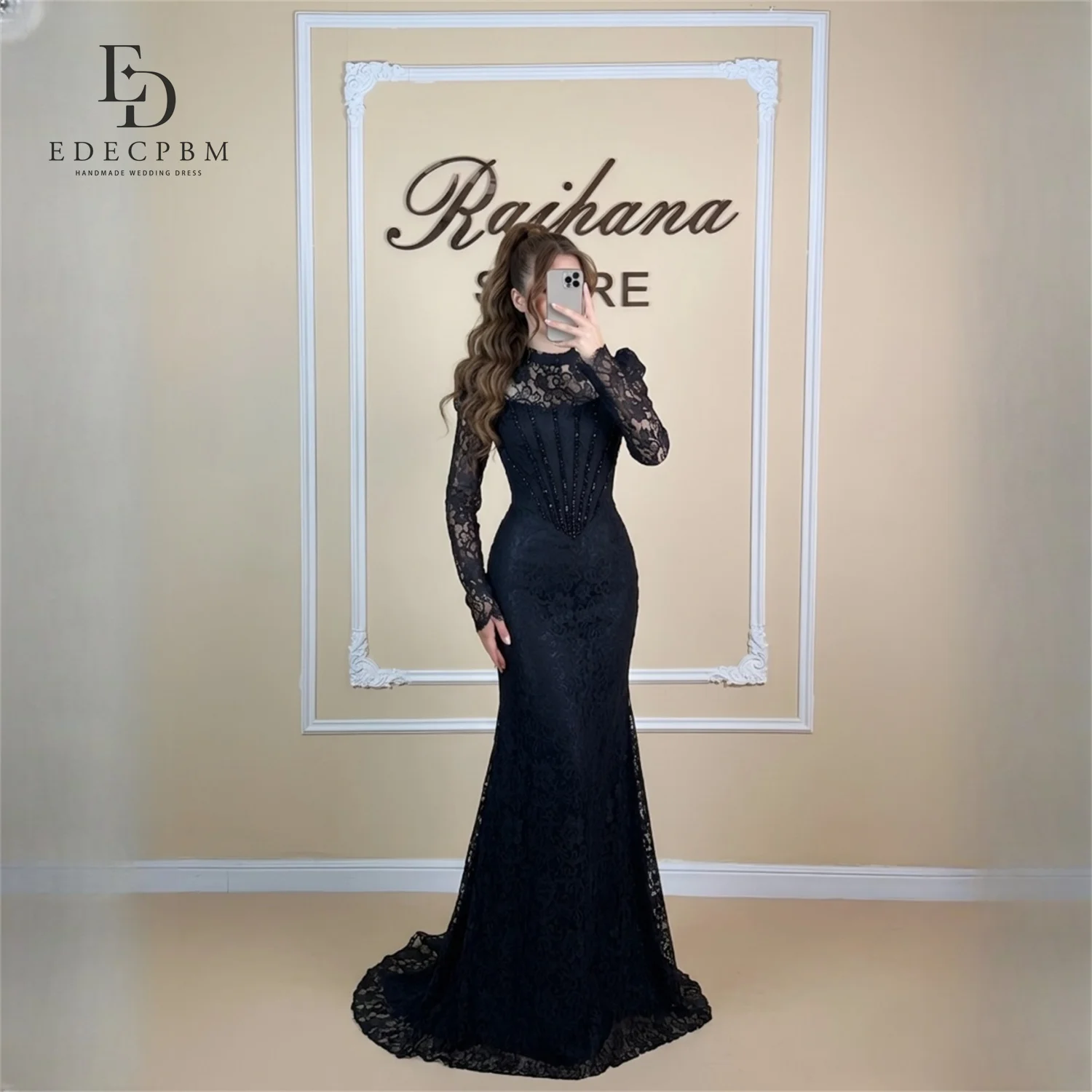 

EDECPBM Lace High Neck Black Mermaid Evening Dress 2026 Prom Dress Full Sleeve Beading Formal Evening Elegant Gown Customized