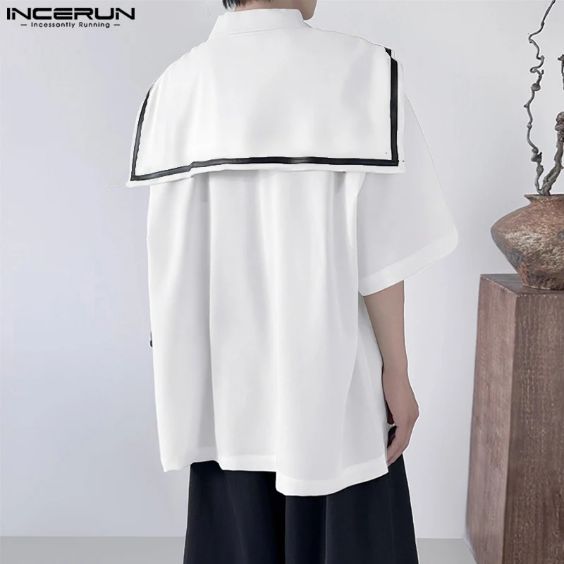 INCERUN Männer Hemd Patchwork Navy Kragen Halbe Hülse Lose Männer Kleidung Streetwear Lose Sommer Koreanischen Stil Bowknot Casual Tops