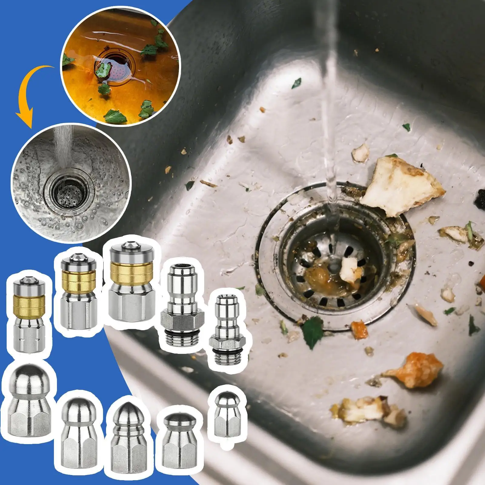 Sewer Jetter Nozzle With Connectors Rotating Button Tips 10-Piece Clean Nozzle For Pressure Washer For Home Kitchen Parking Lot