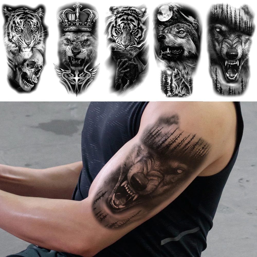 5pcs/Set,Waterproof Temporary Fake Tattoo Stickers Decals,Animan Tiger Lion Wolf OWL Beast,Body Art for Sexy Cool Man Women Arm