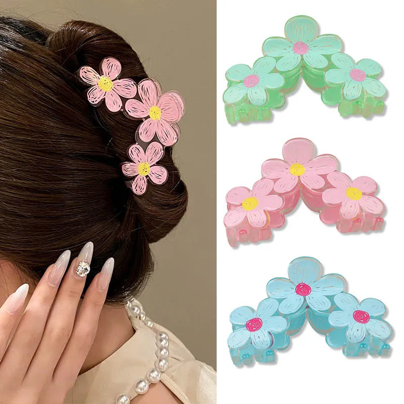 

2023 Summer Hand-painted Flower Hair Claw Korean Sweet Colorful Acrylic Hair Clip for Women Girls Headwear