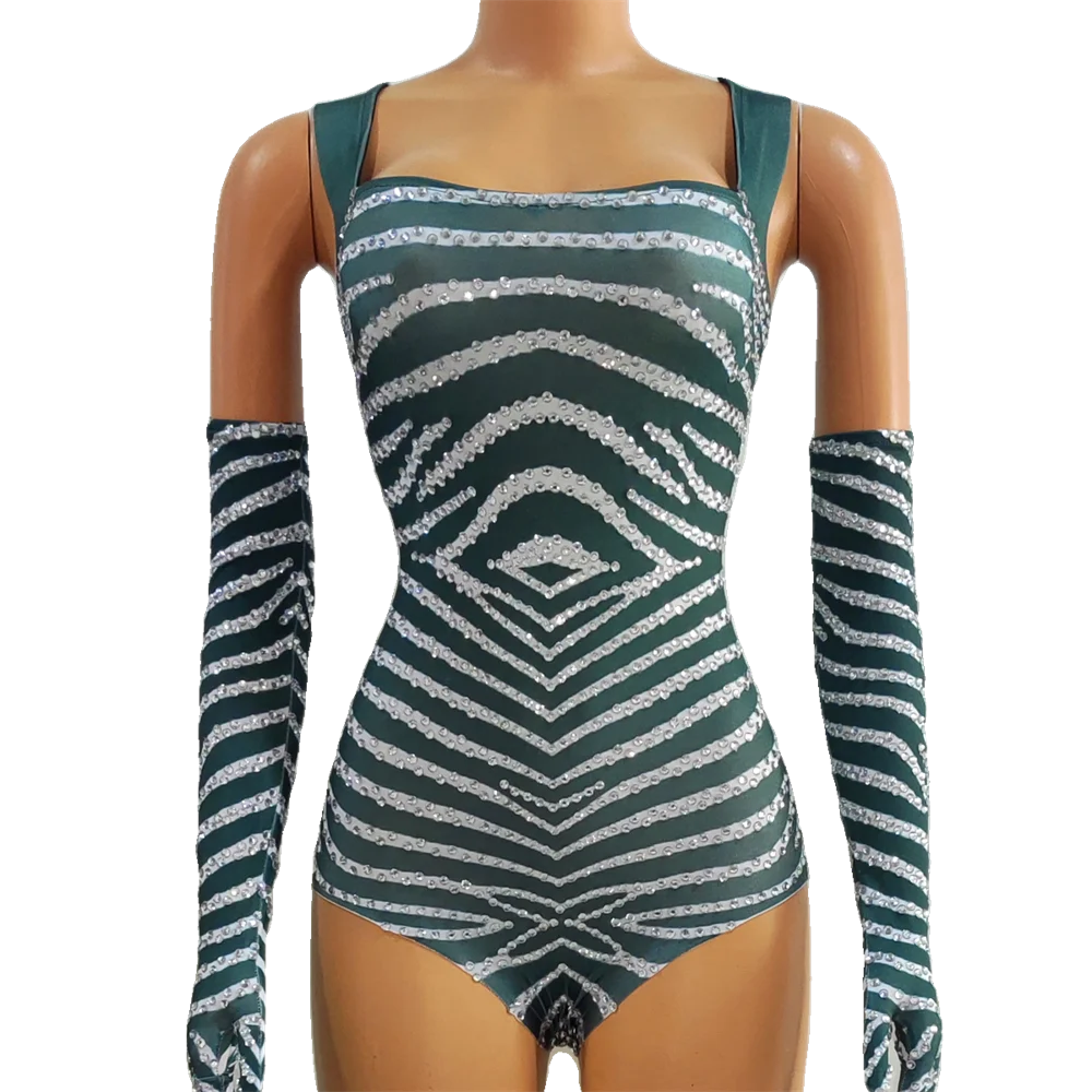 

New Performance Shiny Rhinestone Bodysuit Bar Nightclub DJ Stripe Full Diamond Jumpsuit Sexy Slim Fit Dance GOGO Set