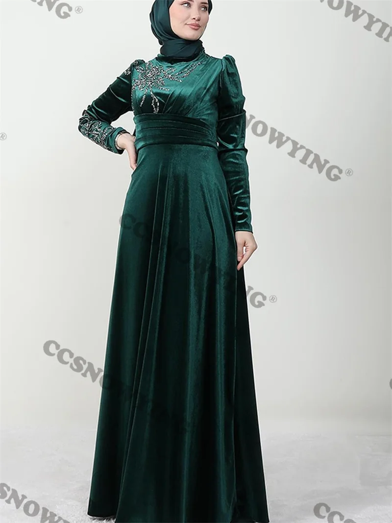 

Full Sleeve Muslim Evening Dresses Velvet Appliques Beaded Islamic Hijab Formal Party Gown Arabic Dubai Women Robe De Soiree