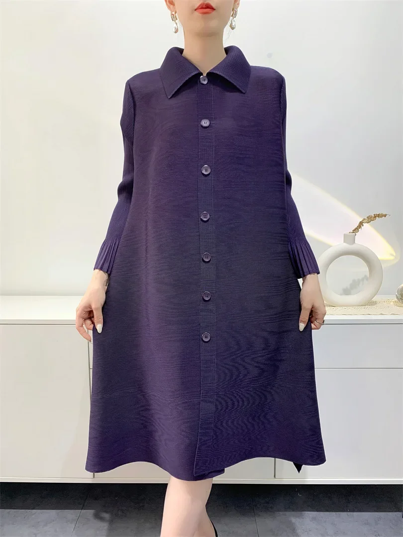

Miyake Pleated Single-breasted Design Women's Dresses Mid-length Nine-minute Sleeve Loose Plus Size Dress 2025 Summer New