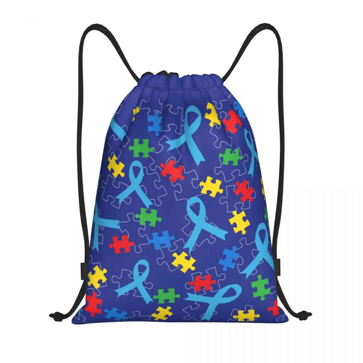 Custom Autism Puzzle Piece Ribbon Pattern Drawstring Bags for Shopping Yoga Backpacks Women Men Sports Gym Sackpack