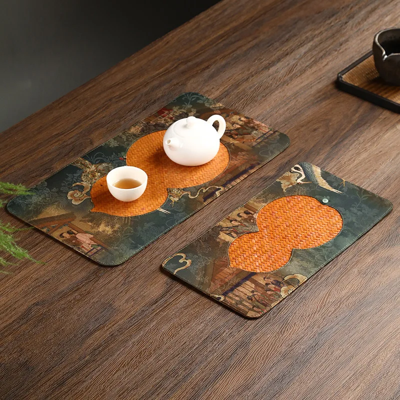 HeMu Bamboo Woven Satin Tea Mat Handmade Double-sided Chinese Style Zen Dry Foam Mat Tea Table Flag Tablecloth Tea Cloth