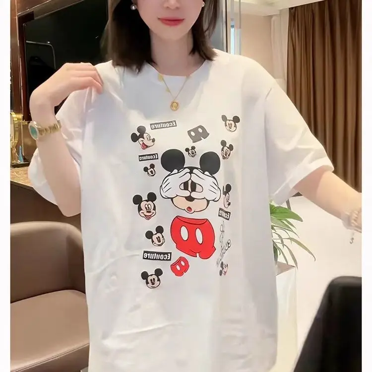 

Свободная женская футболка с короткими рукавами и принтом Микки Диснея, новинка лета 2025 года, трендовые топы для беременных с милым мультяшным узором