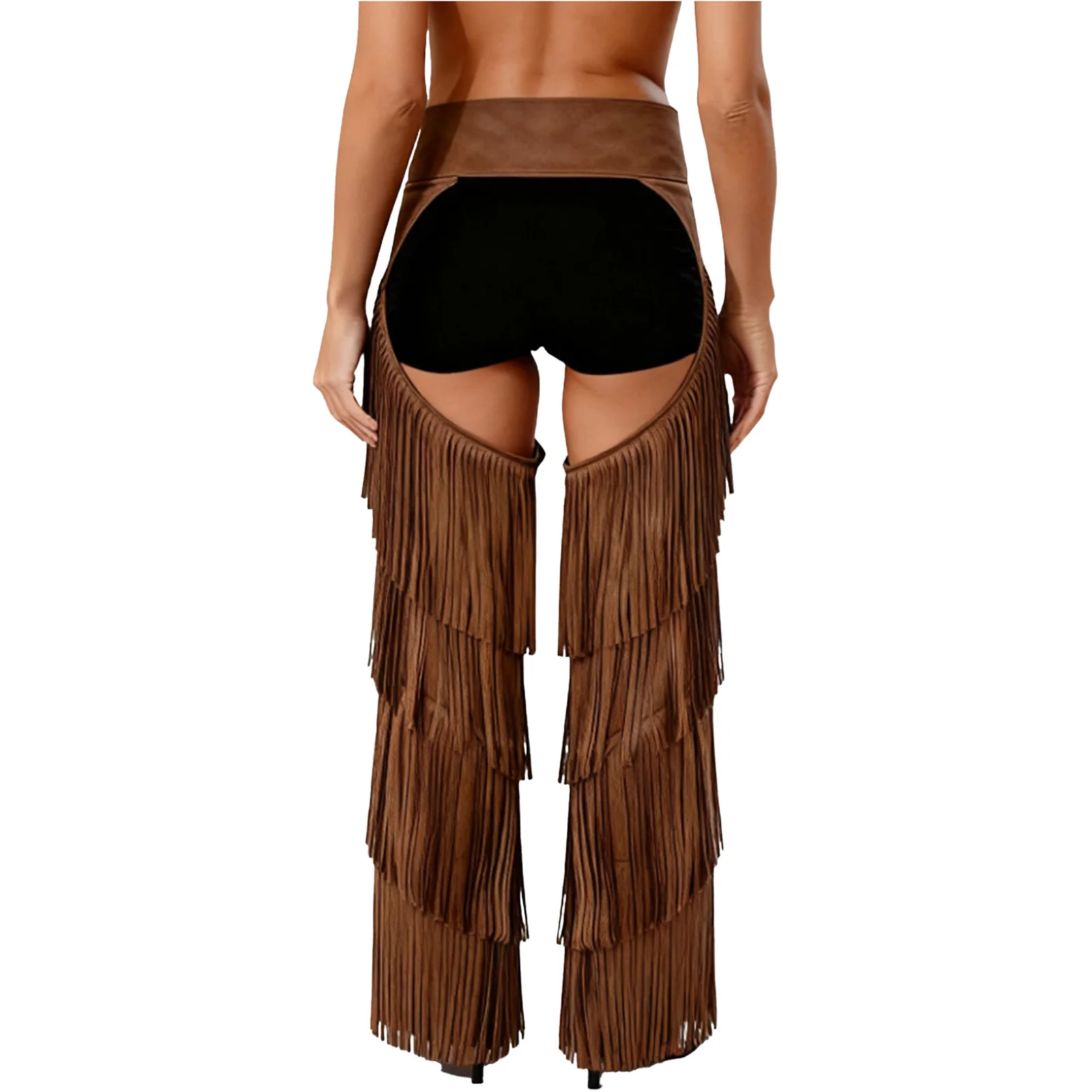 Womens Mens Western Cowboy Chaps Fuax Suede Tassel Hollow Out Open Crotch Long Pants Buckles Waist Motorcycle Biker Trousers view 2