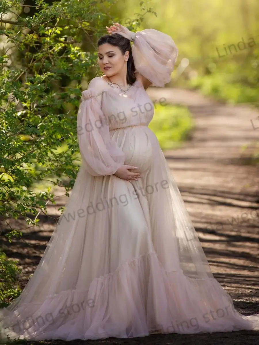 Modest Prom Dresses for Photo Off The Shoulder Tulle Maternity Dress  Full Sleeves Babyshower Robes with Lining Pregnancy Dress