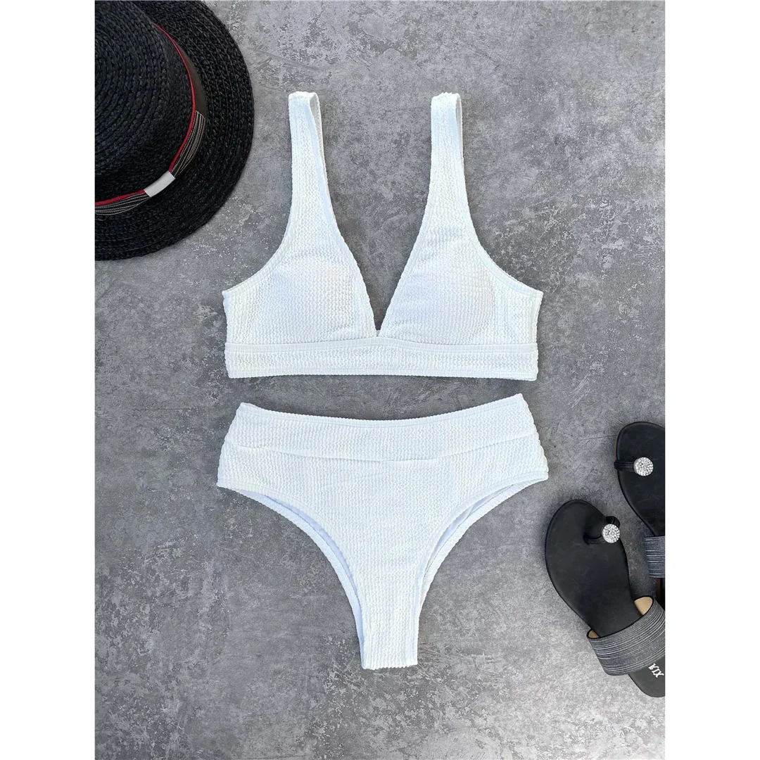 Gefalteter, geraffter Damen-Badeanzug mit V-Ausschnitt, hochtaillierter Bikini, zweiteiliges Bikini-Set, Badebekleidung, Badeanzug, Modell V3590. – Detail 27