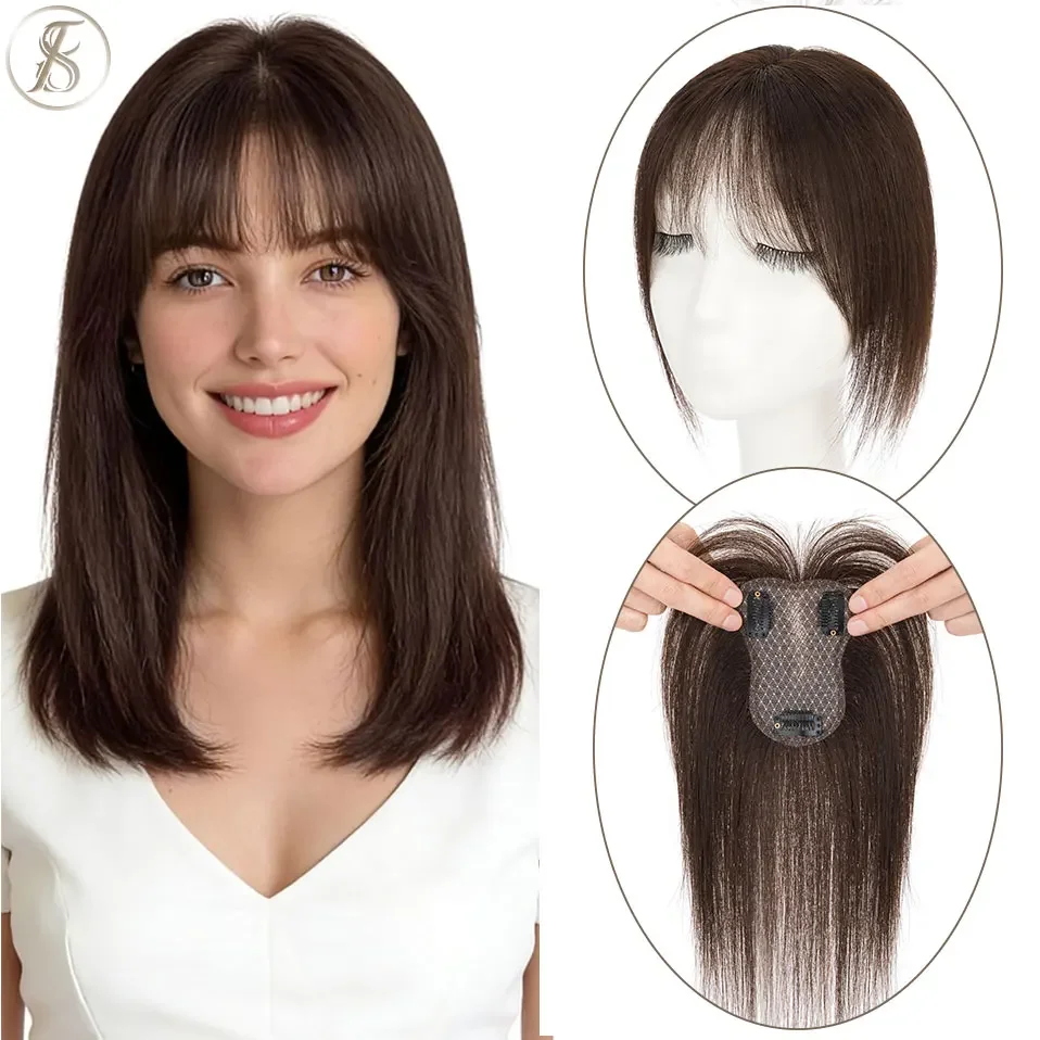 TESS Hair Topper With Bangs Clip In Small Human Hair Toppers For Women Wispy Thin Remy Topper Hairpieces Fake Bangs Hair Clip