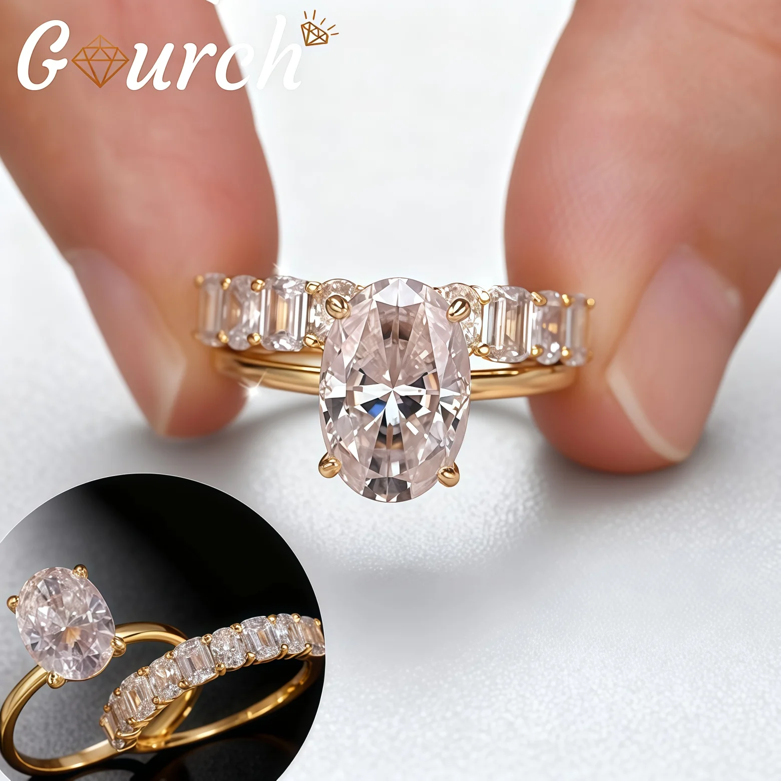 

Gourch 4.5CT Oval Moissanite Ring for Women Elegant 925 Sterling Silver Two Rings Setting Engagement Wedding Party Fine Jewelry