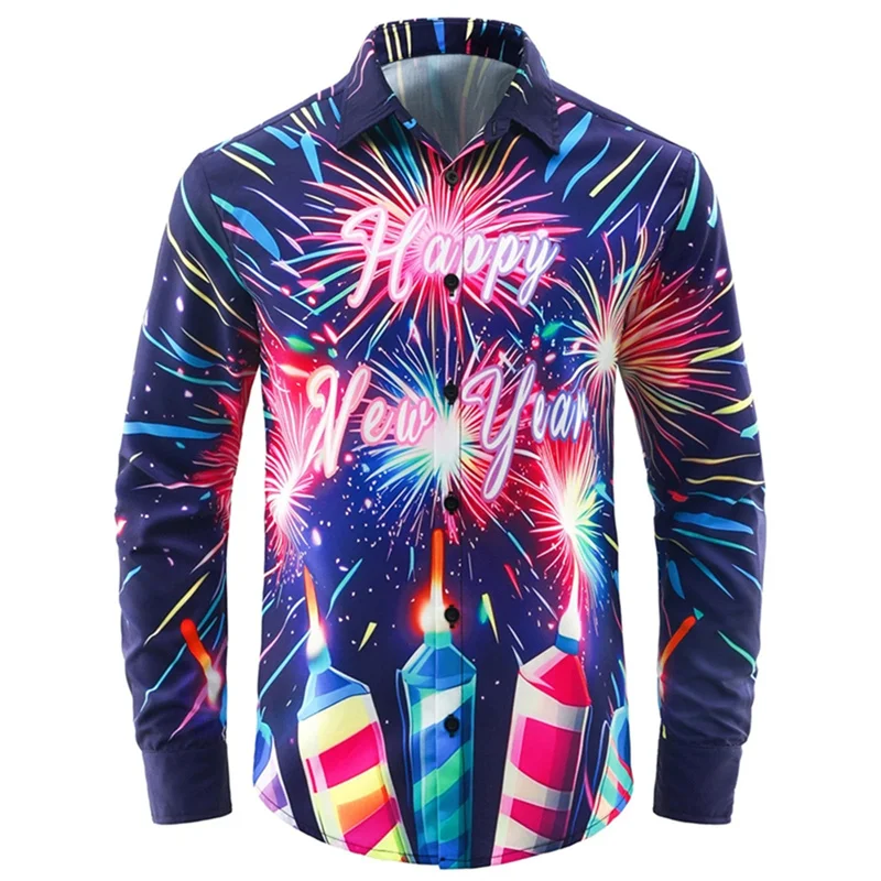 

3D Printed Fireworks Balloon Hawaiian Shirts For Men Happy New Year Pattern Aloha Shirts Loose Long Sleeve Blouse Lapel Tops