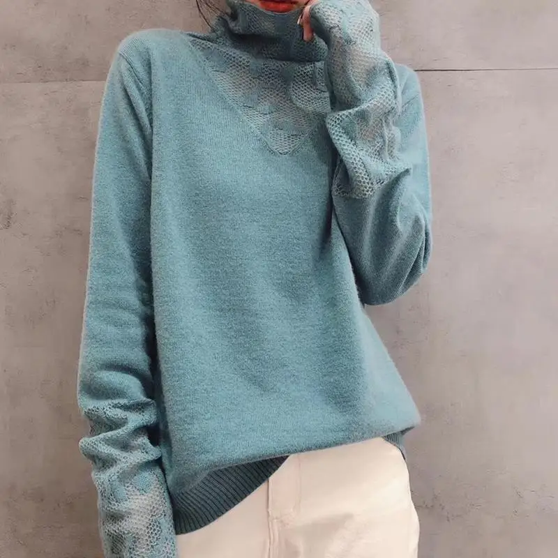 Korean Elegant High Collar Hollow Basic Knitted Sweater for Women Fashion Solid Loose Long Sleeve Pullovers Tops Jumper Clothing