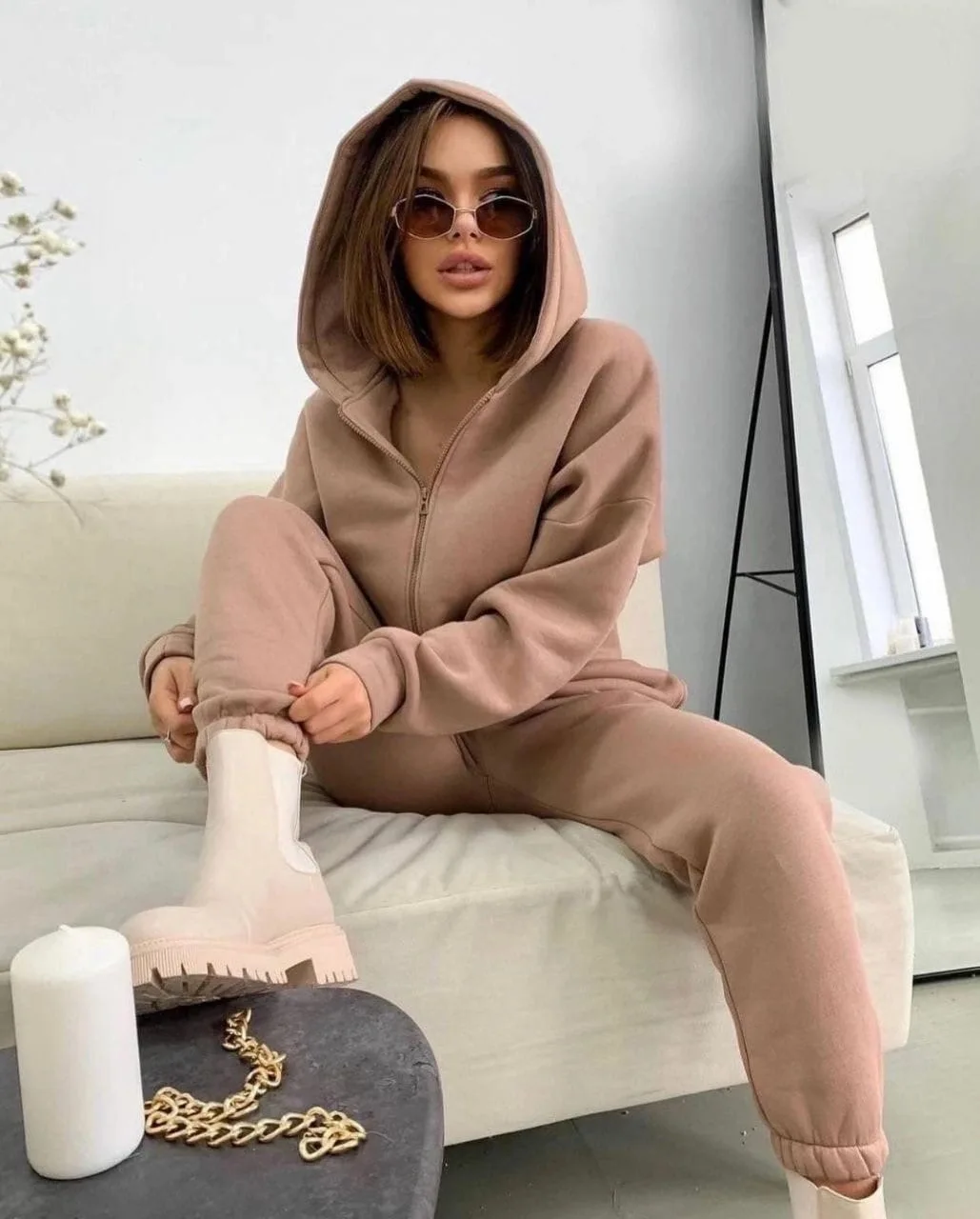 

Women Casual Hoodie Long Sleeve Brushed Zipper Sweatshirt Sweatpants Set Winter Harajuku Fashion Solid Sweatshirt Pants 2pc