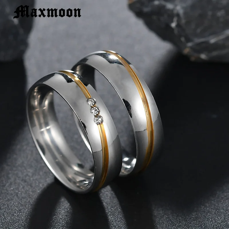 Maxmoon  2019 New  Gold color Stainless Steel Wedding Bands Shiny Crystal Ring for Female Male Jewelry 6mm Engagement Ring