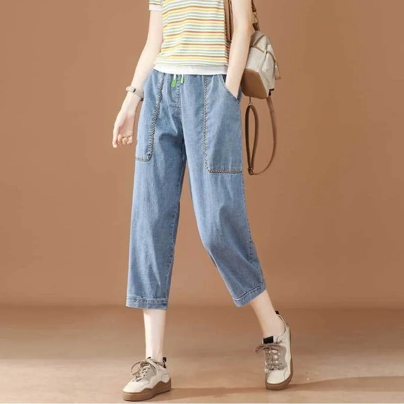 High Waist Jeans Woman Summer Thin Denim Pants Trousers Capris Jeans For Women Calf Length Harem Pants Female Breeches