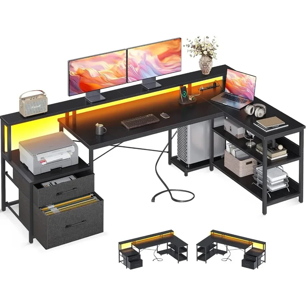 

L Shaped Desk with File Drawer, 75" Reversible L Shaped Computer Desk with Power Outlet & LED Strip, Office Desk