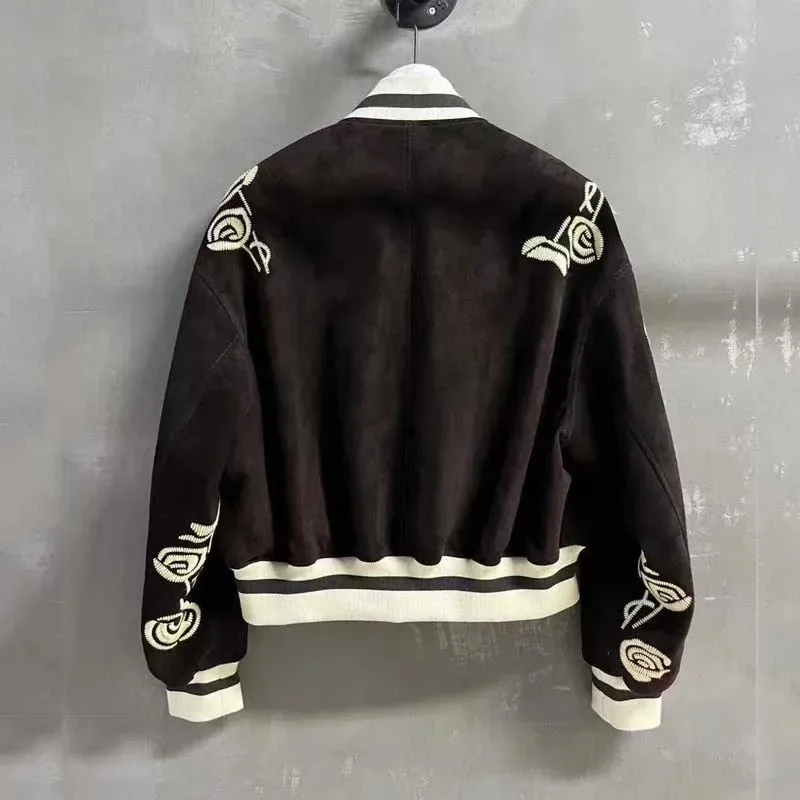 

Бейсбольная куртка-униформа весна-осень 2026: новая модная модель из натуральной кожи, укороченная, с вышивкой из овчины, в стиле Heavy Industry