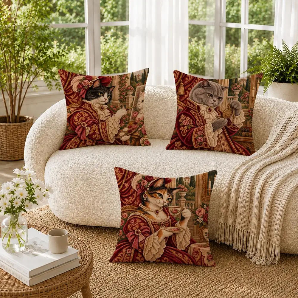 Renaissance Cat Portrait Cushion Cover Soft Short Plush Pillow Cases Hidden Zipper Cutecore Sofa Bedroom Home Decor Gift