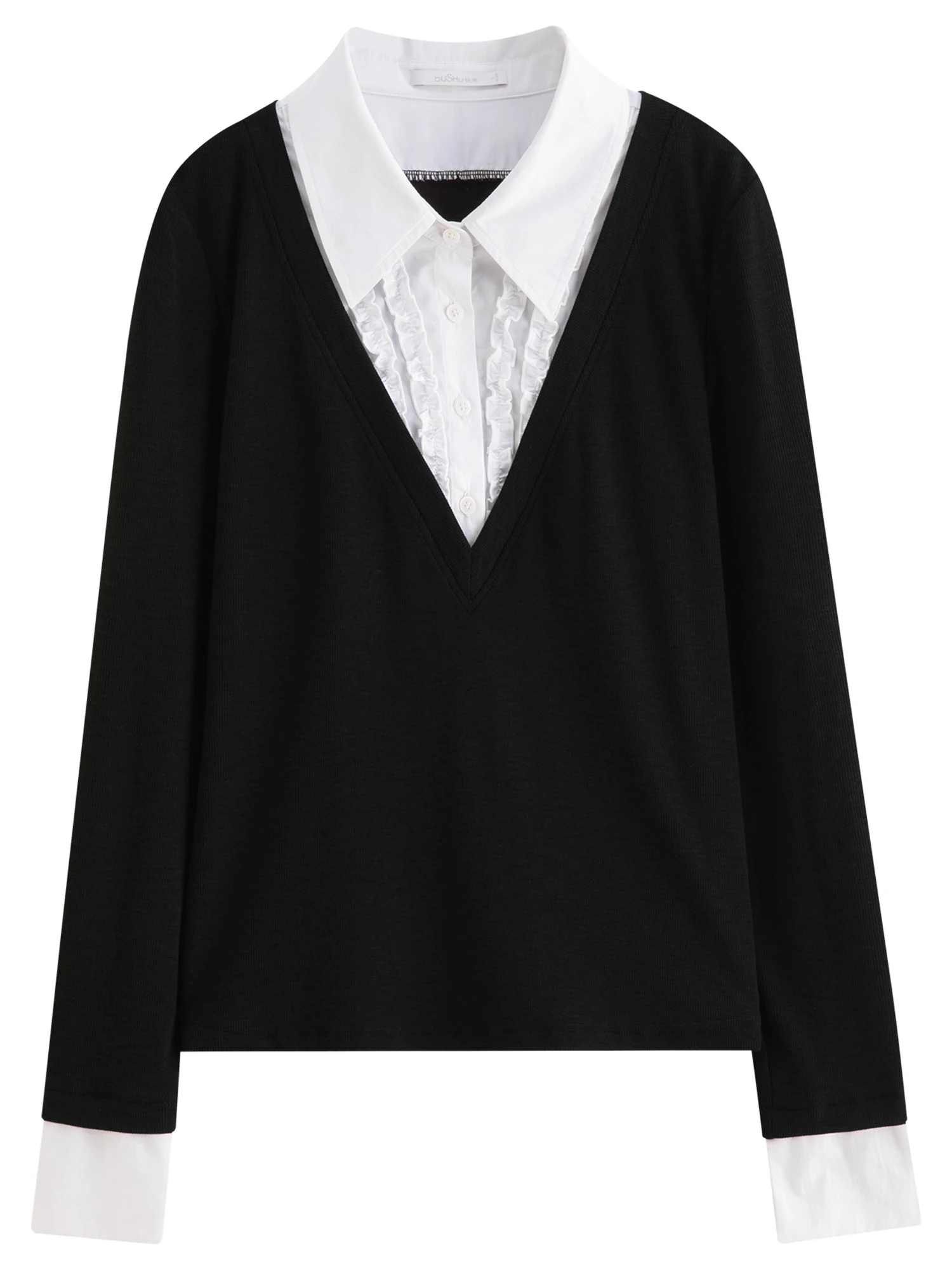 DUSHU プラスサイズの女性の偽ツーピース長袖パッチワークシャツ 2025 秋新着ニットプルオーバーファッション通勤トップ