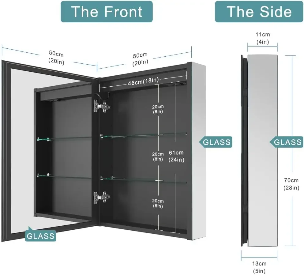 Bathroom Medicine Mirror Cabinet with Sockets & USBs, Anti-Fog Dimmable Light and Color Adjustment, Antirust and Eas