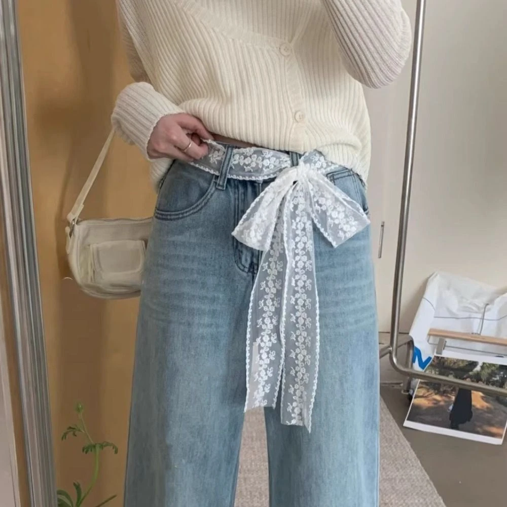 Moda Y2k cintura larga de encaje lazo Floral cinturón de encaje atar vestido fino Jeans cinturón ropa de calle