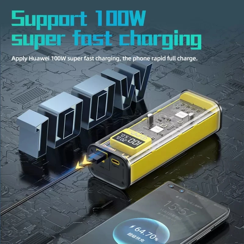 20000mAh Transparent Power Bank 100W USB C PD Fast Charger Portable External Spare Battery For iPhone 15 Xiaomi Samsung Laptop