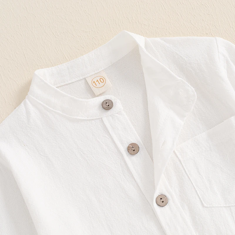 Little Boy Solid Color Shirt Chest Pocket Stand Collar Long Sleeve Front Button-up Fall Gentleman Tops