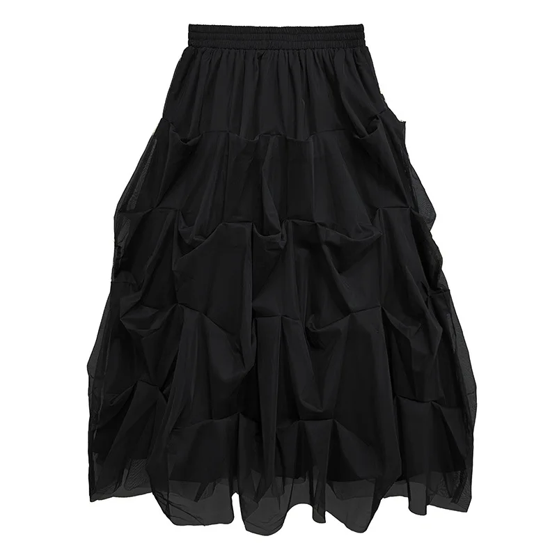 

Black skirt for women,spliced mesh high waisted solid color skirt, 2025 summer new niche design cake skirt Korean Japanese style