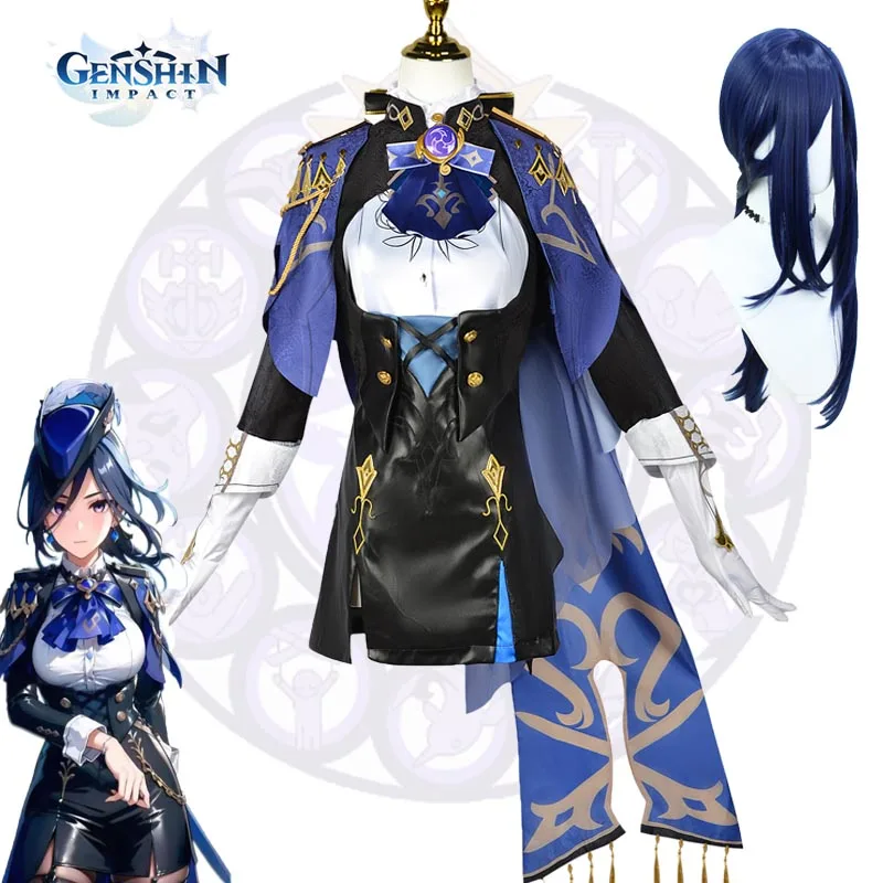 Jogo Genshin Impact Cosplay Traje para Mulheres, Clorinde, Peruca, Chapéu, Brinco, Luvas, Dia das Bruxas, Carnaval, Festa, Interpretação de Papéis, Vestido, Roupa