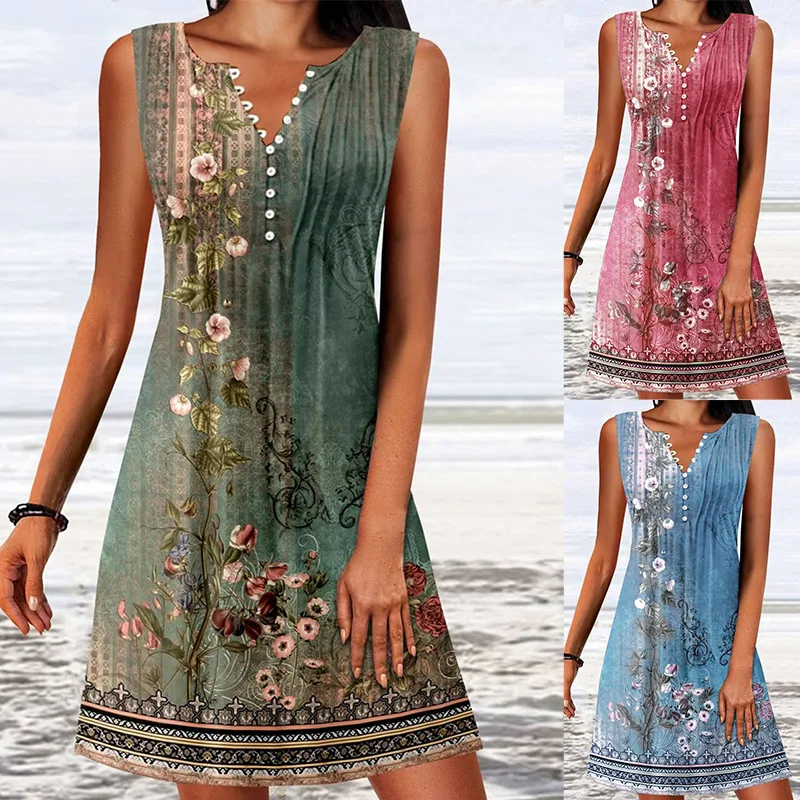 여름 여성용 민소매 버튼 플로럴 프린트 루즈핏 보헤미안 V넥 캐주얼 비치 휴가 미니 원피스