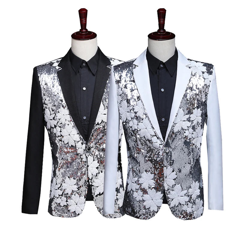 

Flower Sequins Black And White Color Matching Dress Jacket Singer Stage Outfit Nightclub Bar Host performance Clothing