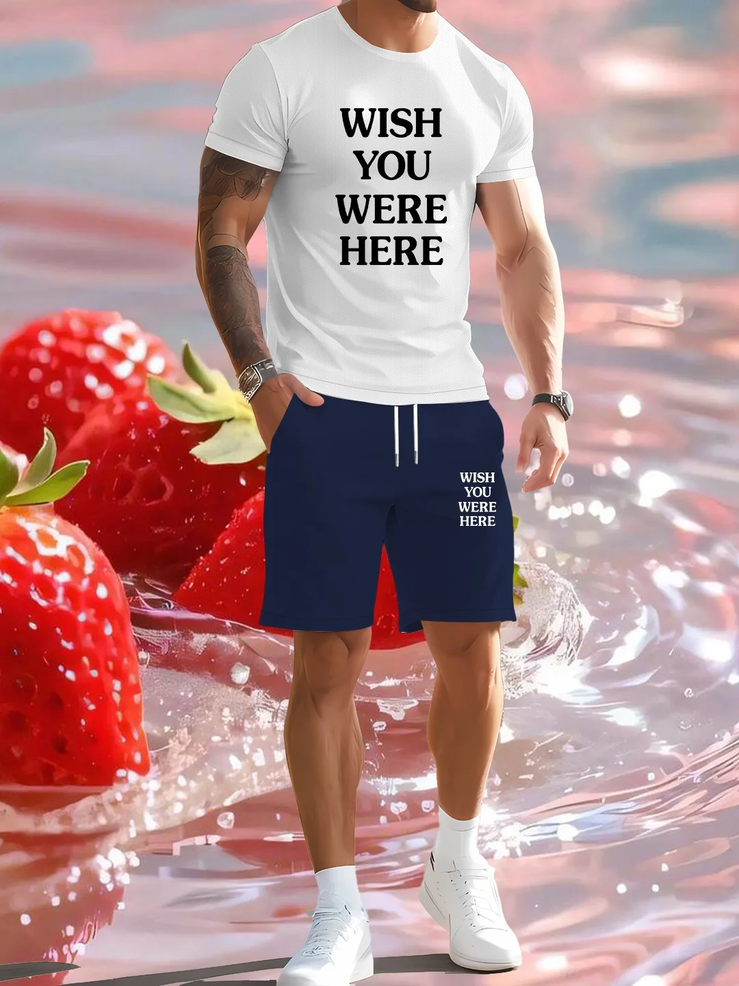 

Men's summer casual fashion with short sleeved T-shirt and shorts set, quick drying, cool, loose and fashionable two-piece set