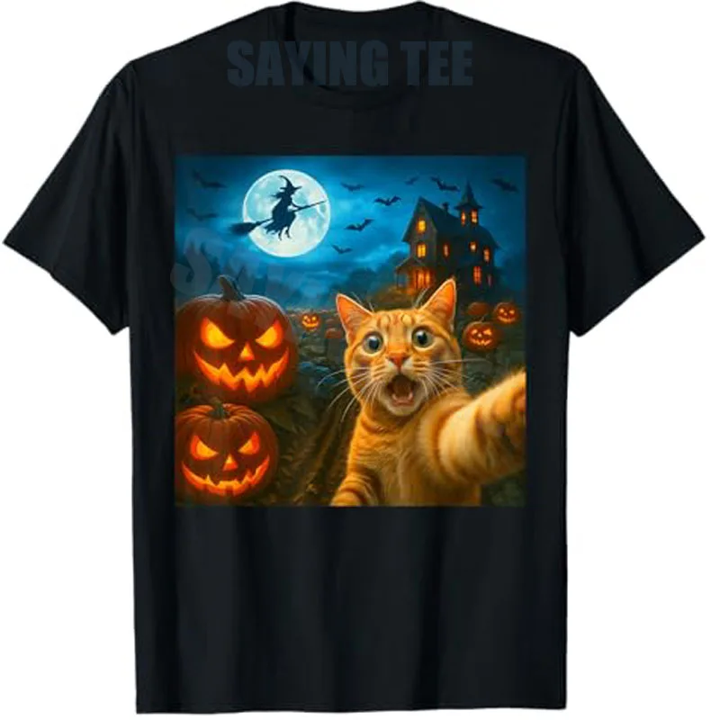 

Funny Halloween Cat Selfie with Spooky Pumpkins Men Women T-Shirt Y2k Humorous Cat Selfie with Scary Witch Graphic Outfit Tees