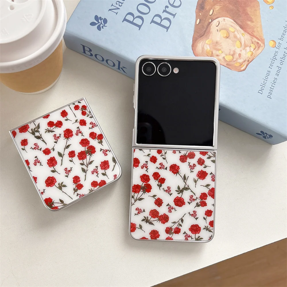 Cute Red Rose Floral Pattern Phone Case For Samsung Galaxy Z Flip8 Flip7 Flip6 Flip5 Flip4 Flip3 Foldable Shockproof Cover