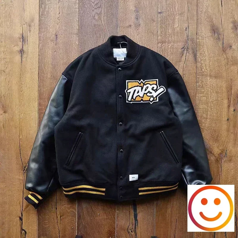 Leather Sleeve WTAPS Embroidery Towel Patch Varsity Baseball Jackets Japan Men Women Best Quality Patchwork Black Jacket Coat