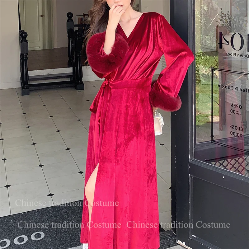 Autumn Winter Bride Wedding Robe Warm Velour Feather Patchwork Nightgown Elegant Kimono Bathrobe Gown for Lady Loungewear